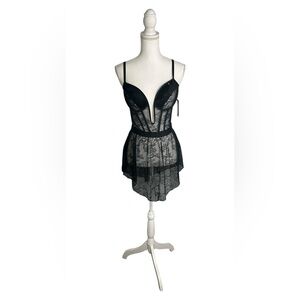 Roma Black Sheer Lace Babydoll Chemise with Plunge Cups